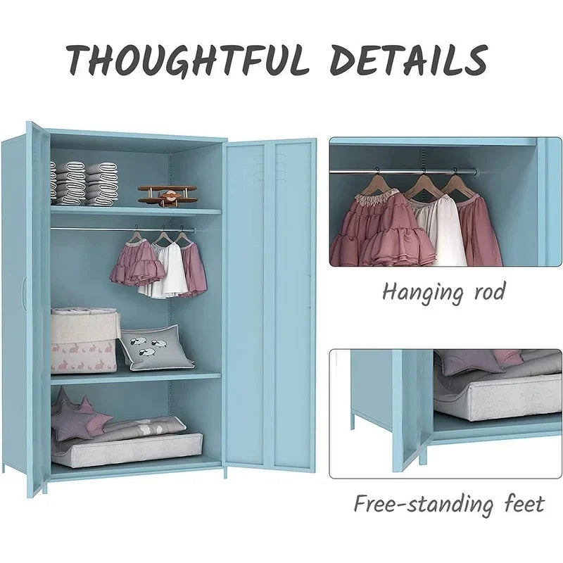 Armoire de rangement métallique à double porte avec tringle et étagères pour chambre, salle de classe ou école
