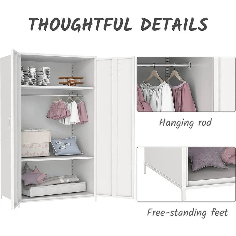 Armoire de rangement métallique à double porte avec tringle et étagères pour chambre, salle de classe ou école