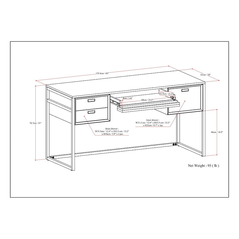 Bureau WYNDENHALL Brandt en bois d'acacia massif, style industriel moderne, 152 cm de large, finition brun vieilli naturel rustique