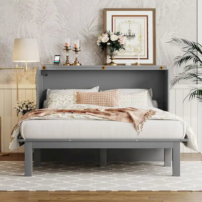 Queen Size Murphy Bed with USB Port and removable Shelves on Each Side,Gray