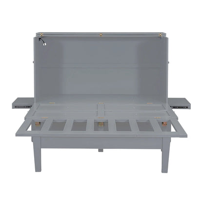 Lit escamotable Queen Size avec port USB et étagères amovibles de chaque côté, gris