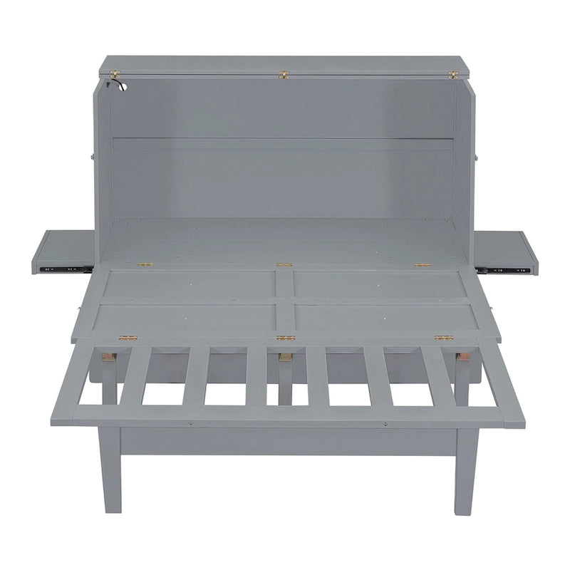 Lit escamotable Queen Size avec port USB et étagères amovibles de chaque côté, gris