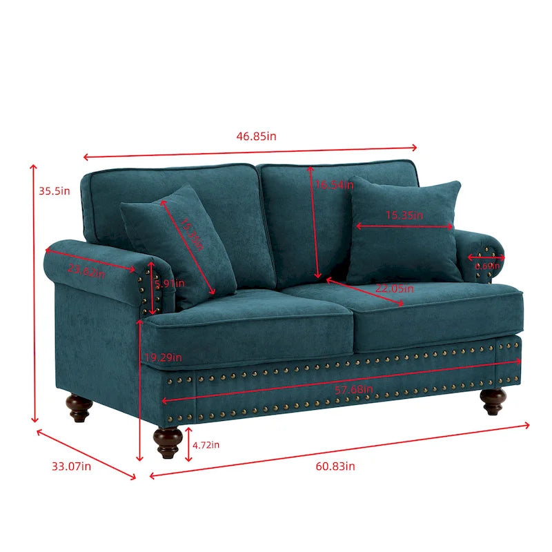 Canapé moderne pour salon, canapé d'angle en chenille verte de 82 pouces, canapé deux places avec pieds marron, canapé rembourré pour salon