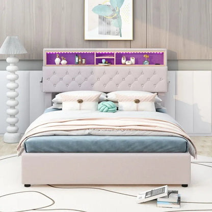 Lit plateforme rembourré double avec tête de lit de rangement, éclairage LED, port USB et 2 tiroirs, beige