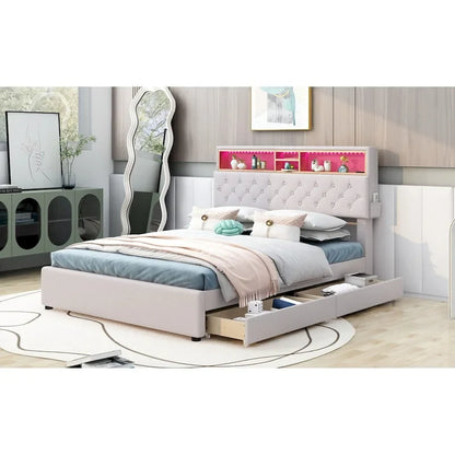 Lit plateforme rembourré double avec tête de lit de rangement, éclairage LED, port USB et 2 tiroirs, beige