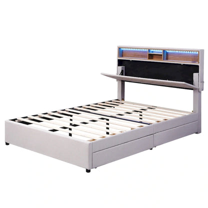 Lit plateforme rembourré double avec tête de lit de rangement, éclairage LED, port USB et 2 tiroirs, beige