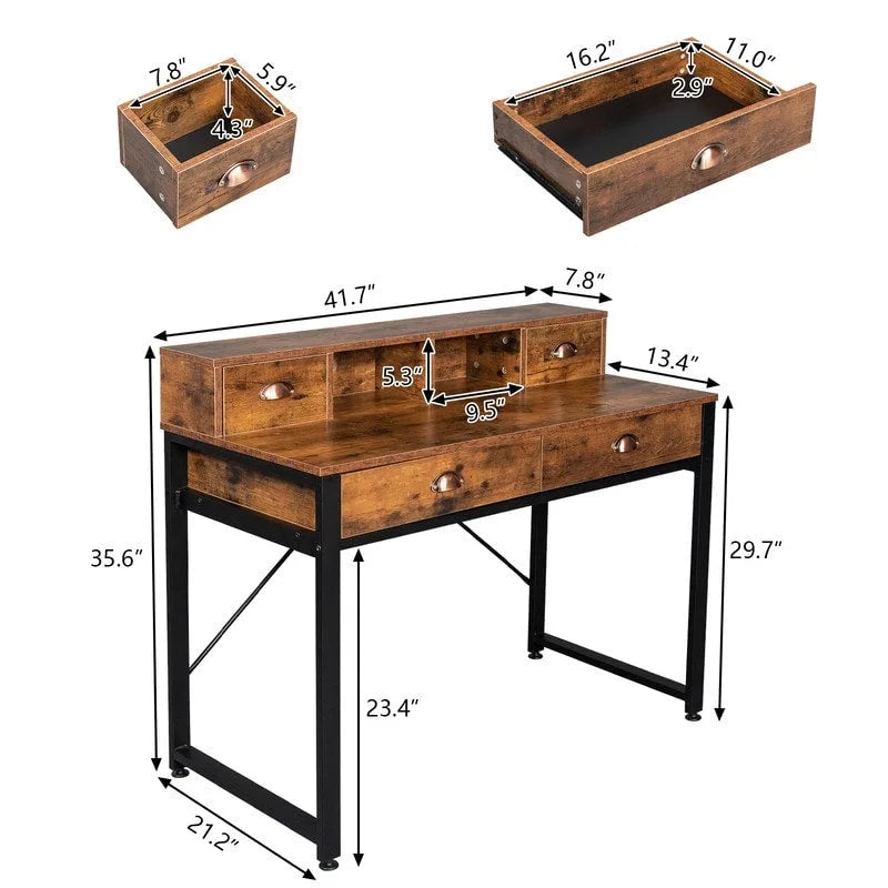 Bureau d'ordinateur à 4 tiroirs avec structure en acier noir et panneaux de particules