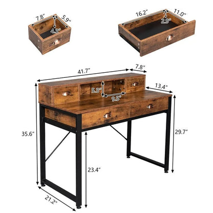 Bureau d'ordinateur à 4 tiroirs avec structure en acier noir et panneaux de particules