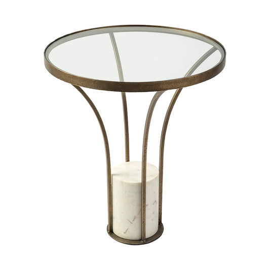 Jacinta II Glass Top with Gold Metal and White Marble Pedestal Round Side Table