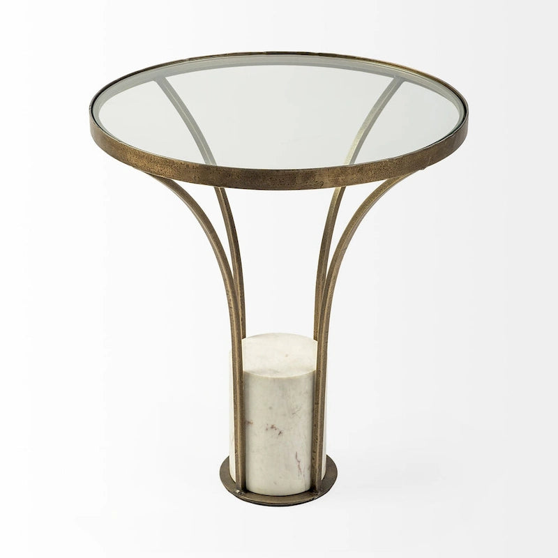 Table d'appoint ronde Jacinta II avec plateau en verre, métal doré et piétement en marbre blanc