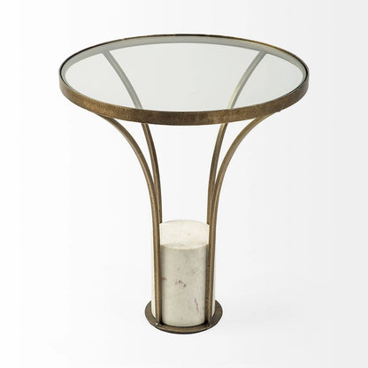 Table d'appoint ronde Jacinta II avec plateau en verre, métal doré et piétement en marbre blanc