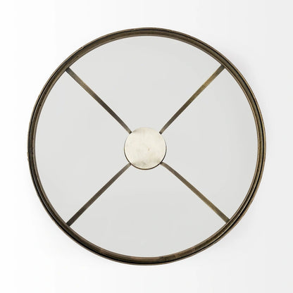 Table d'appoint ronde Jacinta II avec plateau en verre, métal doré et piétement en marbre blanc