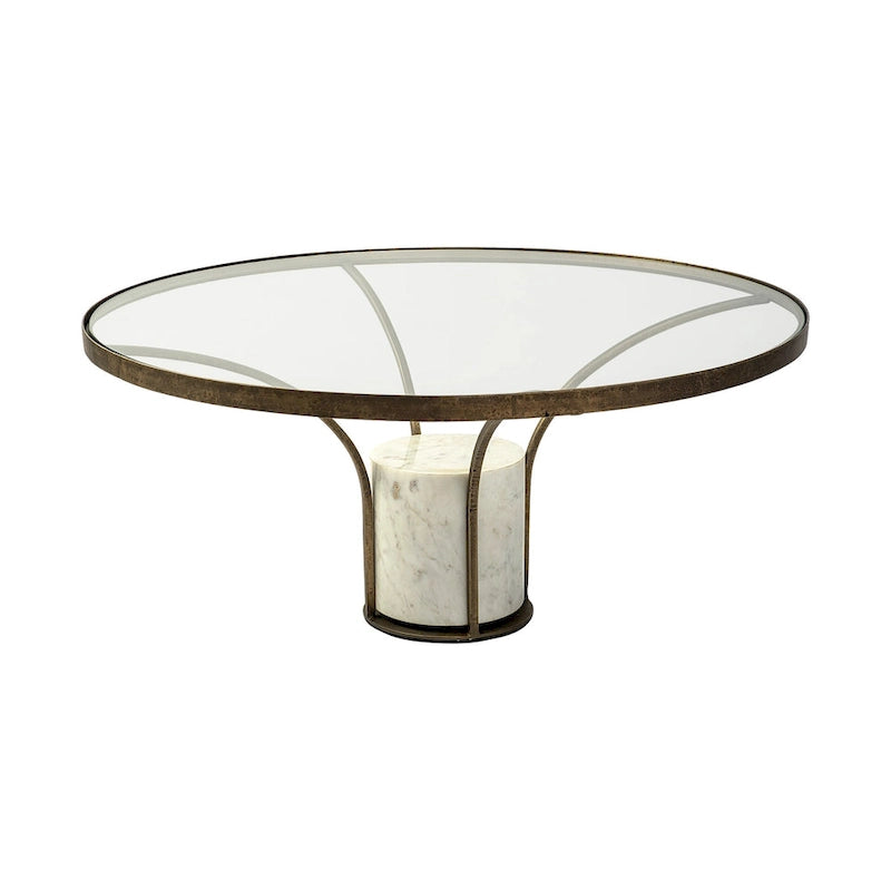 Table d'appoint ronde Jacinta II avec plateau en verre, métal doré et piétement en marbre blanc