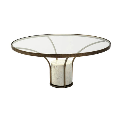 Table d'appoint ronde Jacinta II avec plateau en verre, métal doré et piétement en marbre blanc