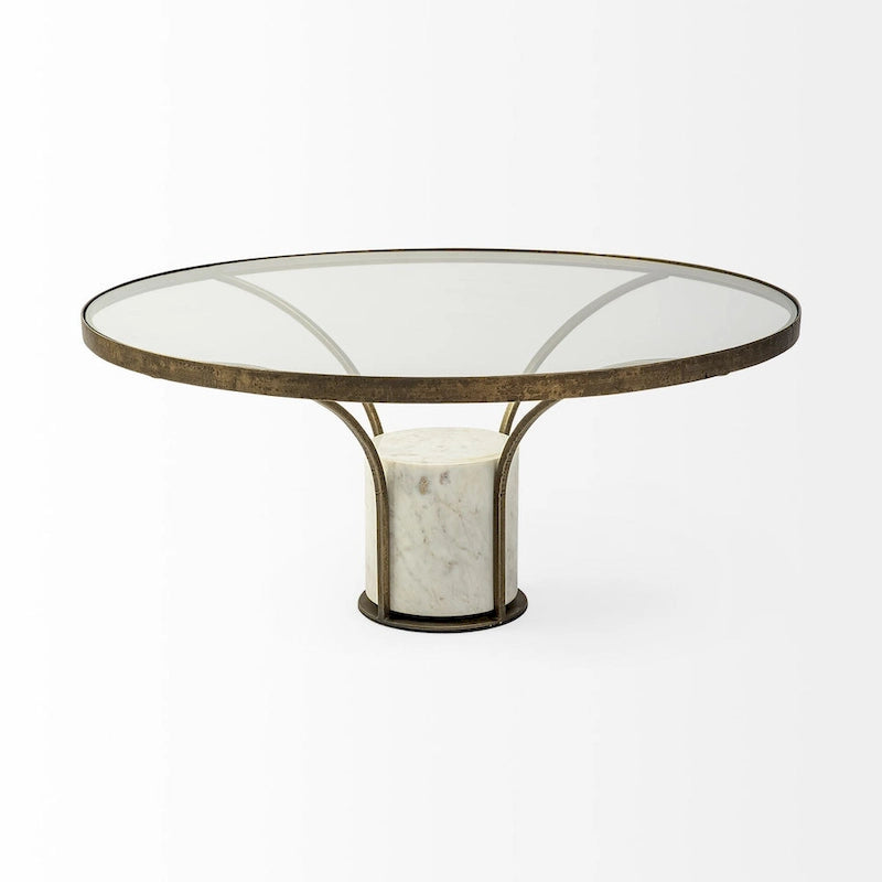 Table d'appoint ronde Jacinta II avec plateau en verre, métal doré et piétement en marbre blanc