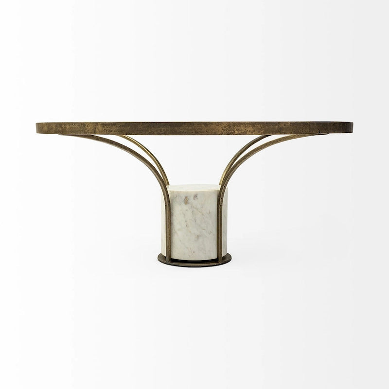 Table d'appoint ronde Jacinta II avec plateau en verre, métal doré et piétement en marbre blanc