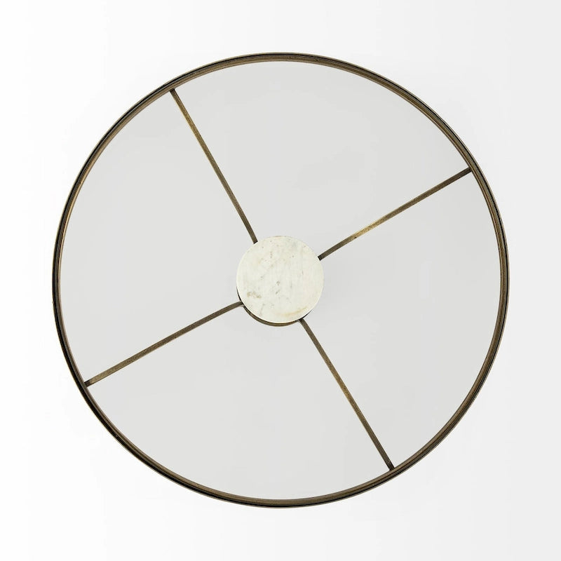Table d'appoint ronde Jacinta II avec plateau en verre, métal doré et piétement en marbre blanc