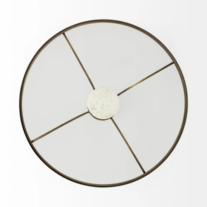 Table d'appoint ronde Jacinta II avec plateau en verre, métal doré et piétement en marbre blanc
