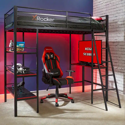 Lit superposé gaming X Rocker Fortress noir avec bureau et étagères intégrés
