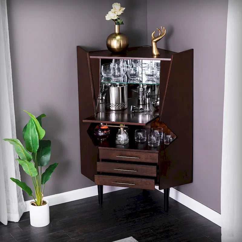 Meuble bar d'angle géométrique SEI Furniture Haramsoya Dark Tobacco