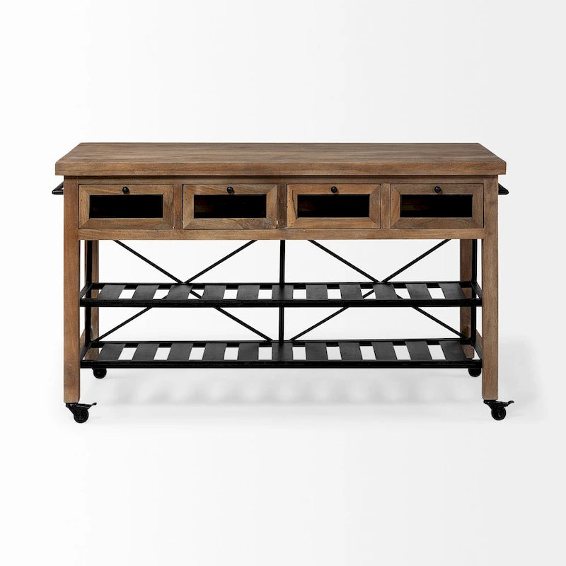 Îlot de cuisine roulant Stuart I Brown, plateau en bois massif, structure en métal noir, deux niveaux - 71 cm (L) x 152 cm (l) x 86 cm (H)