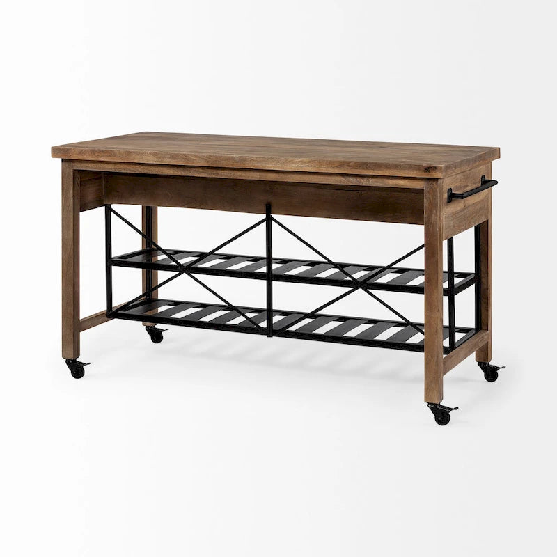 Îlot de cuisine roulant Stuart I Brown, plateau en bois massif, structure en métal noir, deux niveaux - 71 cm (L) x 152 cm (l) x 86 cm (H)