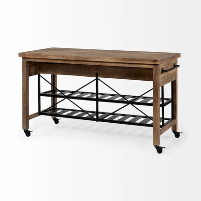 Îlot de cuisine roulant Stuart I Brown, plateau en bois massif, structure en métal noir, deux niveaux - 71 cm (L) x 152 cm (l) x 86 cm (H)