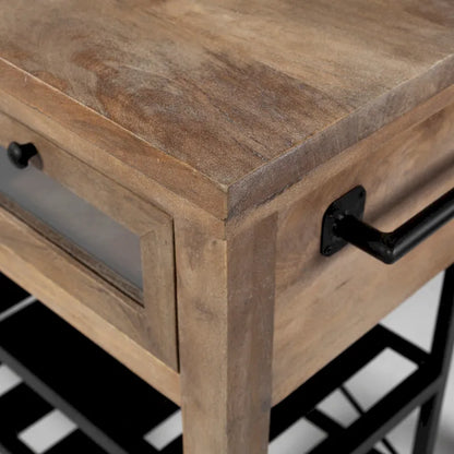 Îlot de cuisine roulant Stuart I Brown, plateau en bois massif, structure en métal noir, deux niveaux - 71 cm (L) x 152 cm (l) x 86 cm (H)