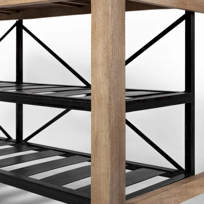 Îlot de cuisine roulant Stuart I Brown, plateau en bois massif, structure en métal noir, deux niveaux - 71 cm (L) x 152 cm (l) x 86 cm (H)