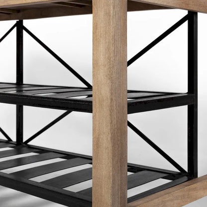 Îlot de cuisine roulant Stuart I Brown, plateau en bois massif, structure en métal noir, deux niveaux - 71 cm (L) x 152 cm (l) x 86 cm (H)