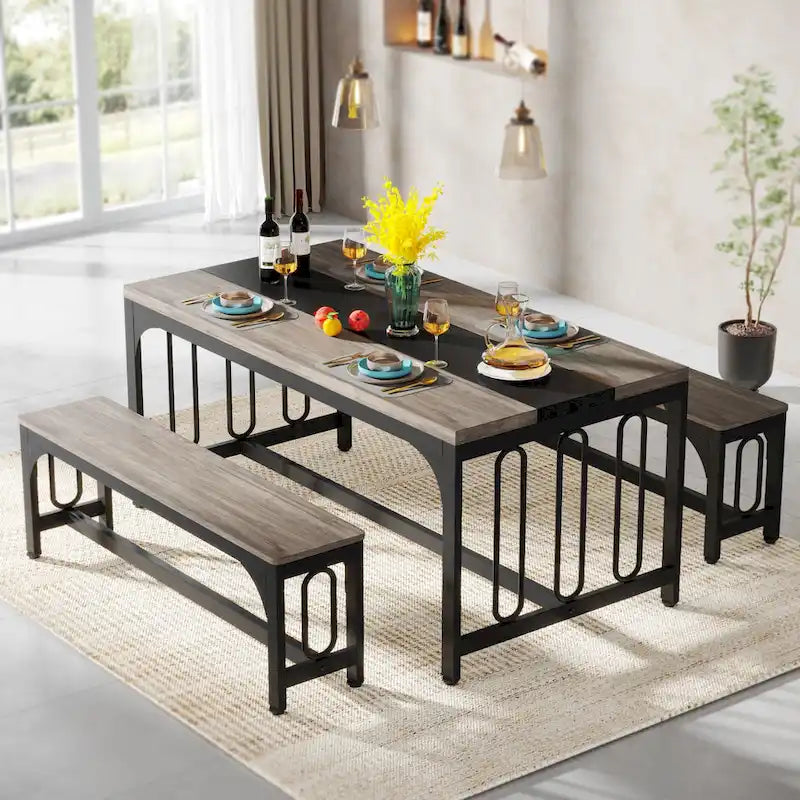 55 Dinning Room Table Set for 4-6, Farmhouse 3-Piece Kitchen Table with 2 Benches,BreakfastNook Bench KitchenNookTableSet
