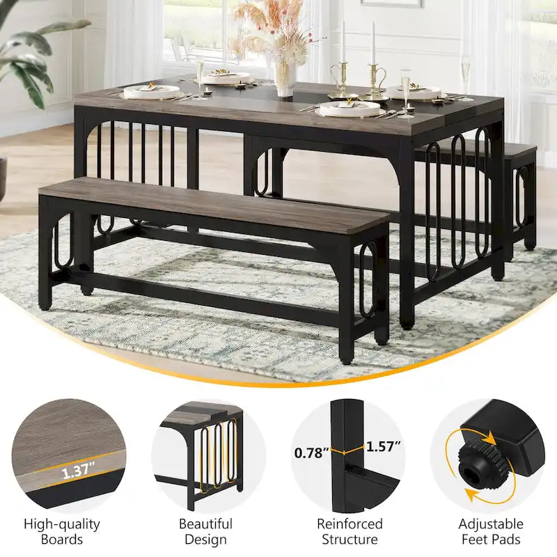 Ensemble table et chaises de salle à manger 55 pouces pour 4 à 6 personnes, table de cuisine 3 pièces style ferme avec 2 bancs, ensemble table et banc de coin repas