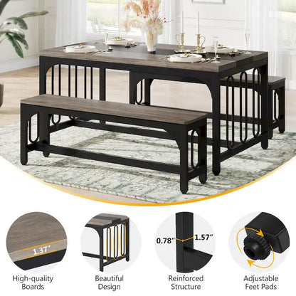 Ensemble table et chaises de salle à manger 55 pouces pour 4 à 6 personnes, table de cuisine 3 pièces style ferme avec 2 bancs, ensemble table et banc de coin repas