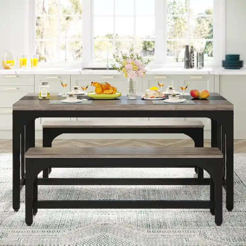 Ensemble table et chaises de salle à manger 55 pouces pour 4 à 6 personnes, table de cuisine 3 pièces style ferme avec 2 bancs, ensemble table et banc de coin repas