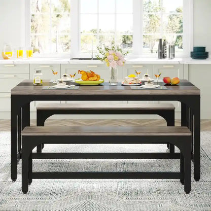 Ensemble table et chaises de salle à manger 55 pouces pour 4 à 6 personnes, table de cuisine 3 pièces style ferme avec 2 bancs, ensemble table et banc de coin repas