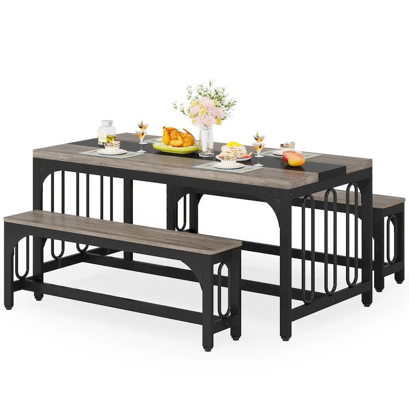 Ensemble table et chaises de salle à manger 55 pouces pour 4 à 6 personnes, table de cuisine 3 pièces style ferme avec 2 bancs, ensemble table et banc de coin repas