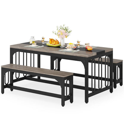 Ensemble table et chaises de salle à manger 55 pouces pour 4 à 6 personnes, table de cuisine 3 pièces style ferme avec 2 bancs, ensemble table et banc de coin repas