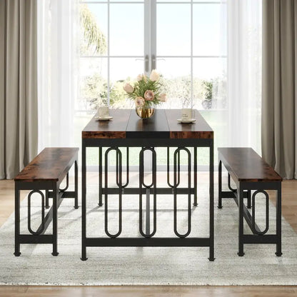 Ensemble table et chaises de salle à manger 55 pouces pour 4 à 6 personnes, table de cuisine 3 pièces style ferme avec 2 bancs, ensemble table et banc de coin repas