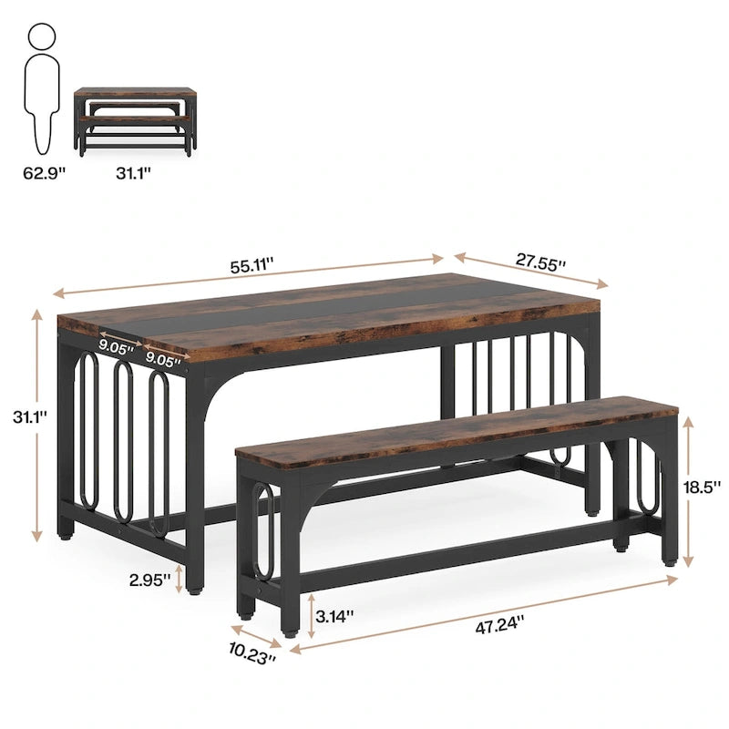 Ensemble table et chaises de salle à manger 55 pouces pour 4 à 6 personnes, table de cuisine 3 pièces style ferme avec 2 bancs, ensemble table et banc de coin repas