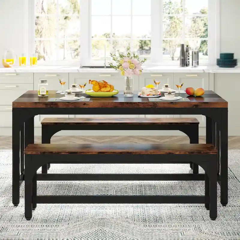 Ensemble table et chaises de salle à manger 55 pouces pour 4 à 6 personnes, table de cuisine 3 pièces style ferme avec 2 bancs, ensemble table et banc de coin repas