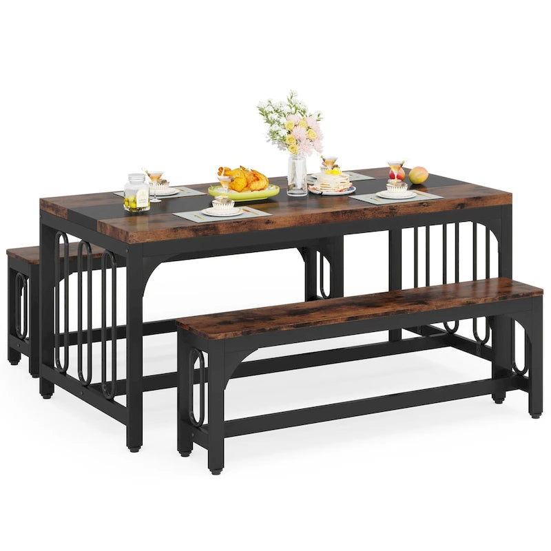 Ensemble table et chaises de salle à manger 55 pouces pour 4 à 6 personnes, table de cuisine 3 pièces style ferme avec 2 bancs, ensemble table et banc de coin repas