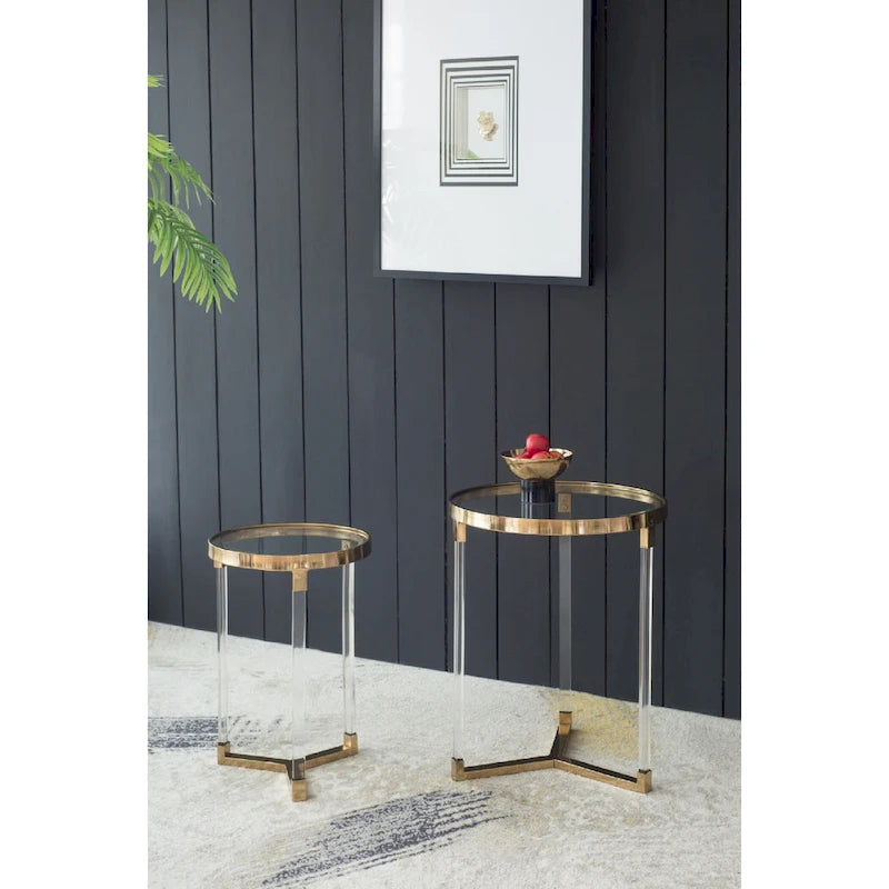 Tables rondes Verrill en acrylique et fer - Lot de 2 - Structure dorée - Plateau transparent