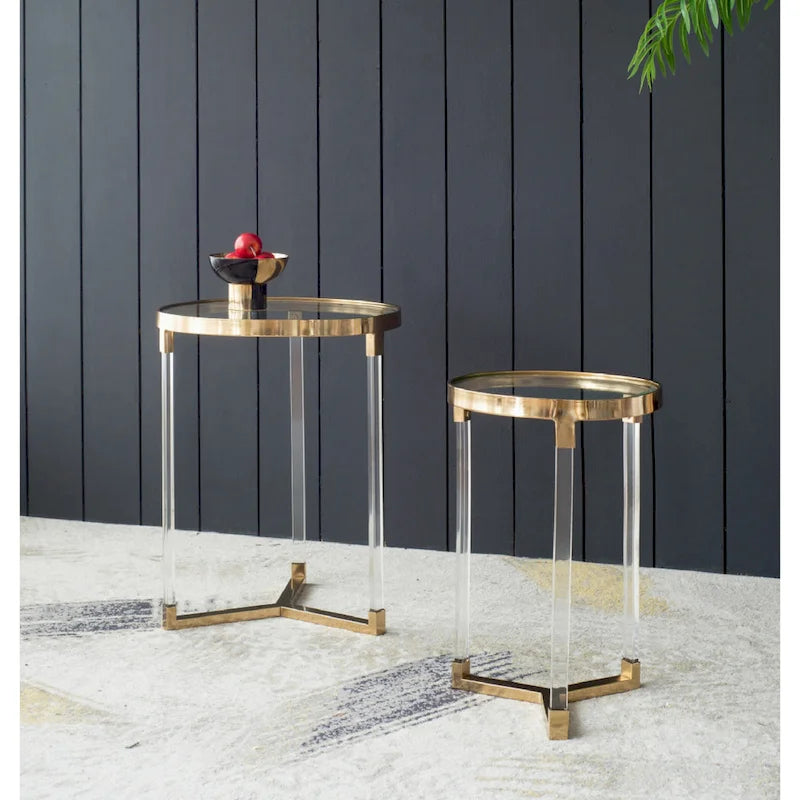 Tables rondes Verrill en acrylique et fer - Lot de 2 - Structure dorée - Plateau transparent