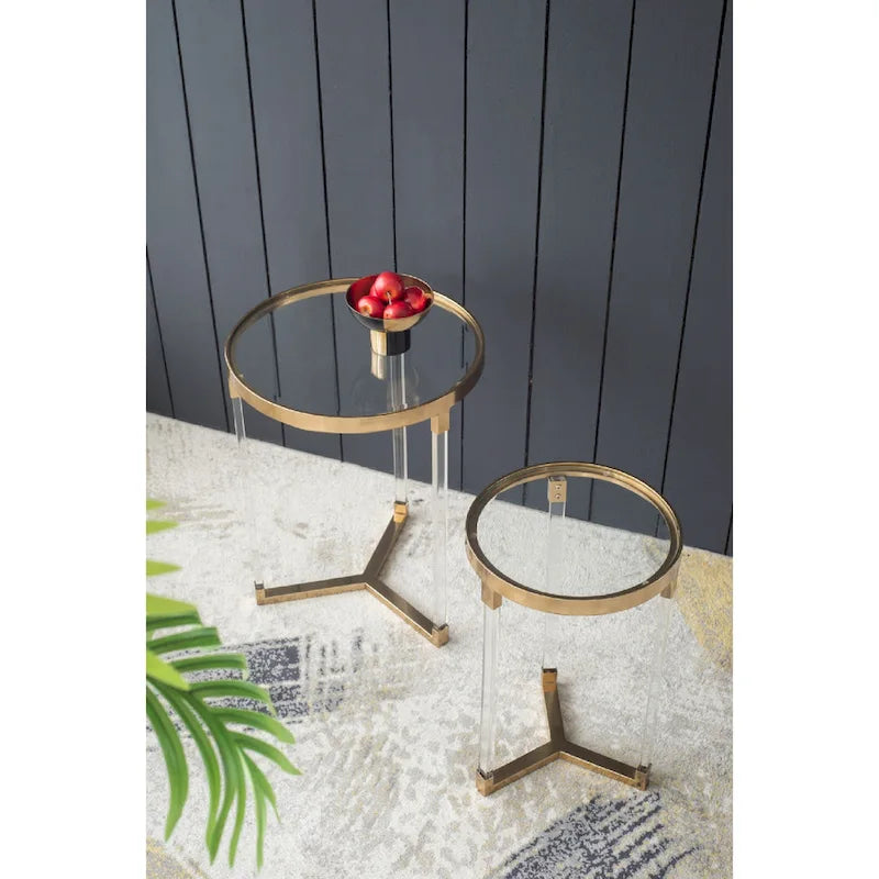 Tables rondes Verrill en acrylique et fer - Lot de 2 - Structure dorée - Plateau transparent