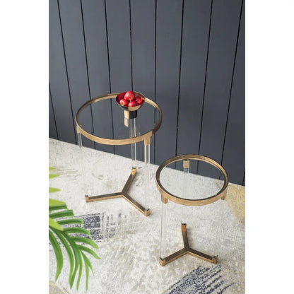 Tables rondes Verrill en acrylique et fer - Lot de 2 - Structure dorée - Plateau transparent