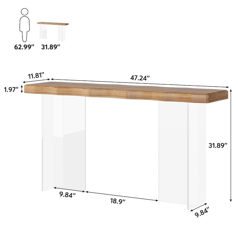 Console de 119 cm (47 pouces) avec pieds en acrylique pour entrée ou couloir, table d'appoint