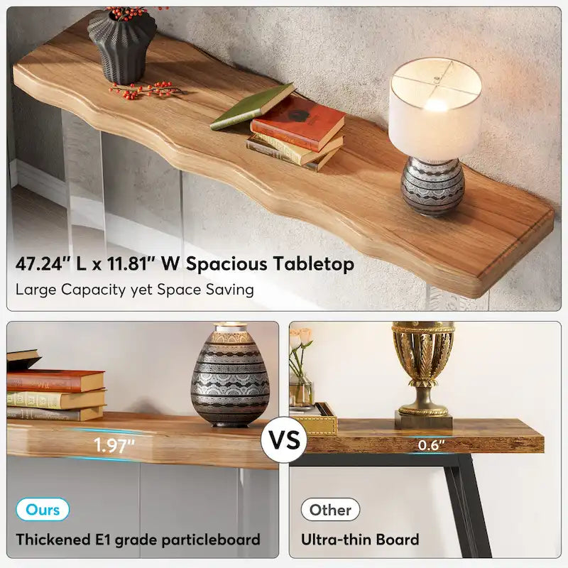 Console de 119 cm (47 pouces) avec pieds en acrylique pour entrée ou couloir, table d'appoint