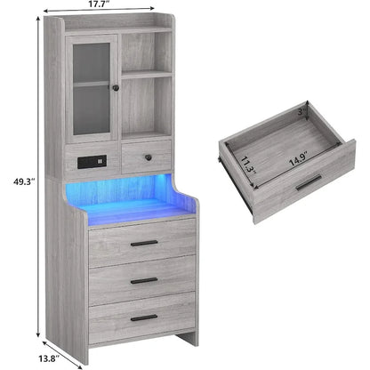 Table de chevet haute avec station de recharge, 3 tiroirs et étagères, porte en verre et éclairage LED
