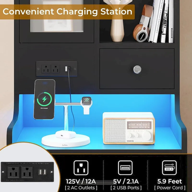 Table de chevet haute avec station de recharge, 3 tiroirs et étagères, porte en verre et éclairage LED