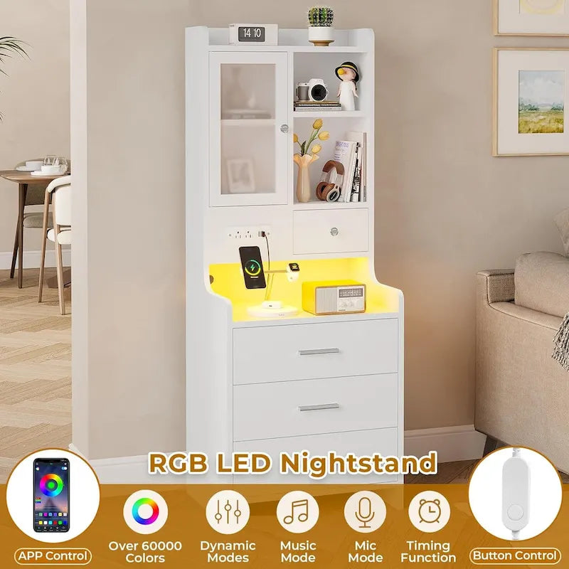 Table de chevet haute avec station de recharge, 3 tiroirs et étagères, porte en verre et éclairage LED